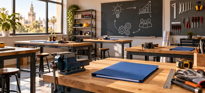 Un aula de formación con herramientas y carpetas sobre las mesas