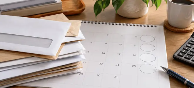 Sobres de pago sobre un calendario con fechas señaladas
