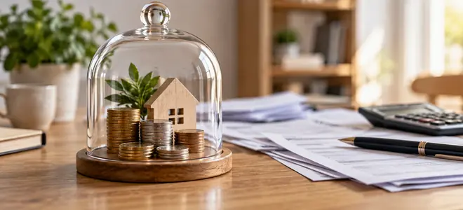Monedas y una pequeña casa protegidas por una campana de cristal