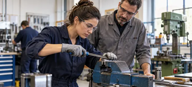 Una alumna practica una tarea mecánica con un instructor en un taller