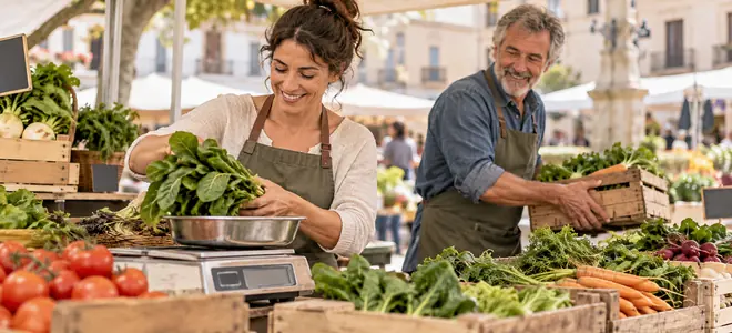 Dos personas organizan productos en un puesto de verduras