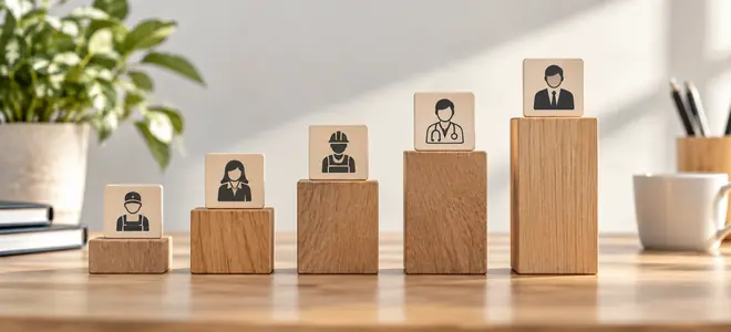 Bloques de madera de distintas alturas con tarjetas de trabajadores