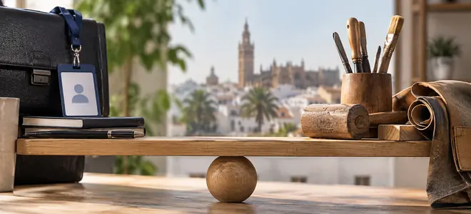 Una tarjeta de trabajo y herramientas equilibradas sobre una barra de madera