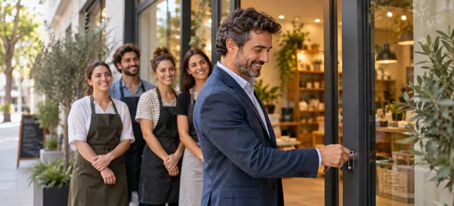 Un hombre abre un comercio mientras un equipo espera en la entrada
