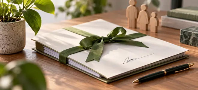 Una carpeta de contratación atada con una cinta verde