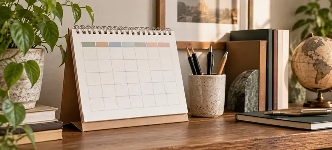 Un calendario de papel sobre una estantería junto a material de trabajo