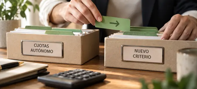 Unas manos trasladan fichas entre dos cajas de cuotas de autónomos