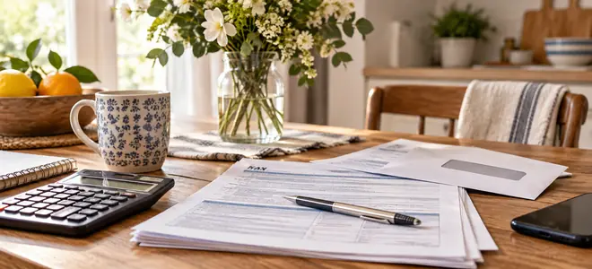 Documentos de declaración de impuestos junto a un sobre y flores
