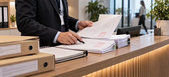 Una persona revisa documentos de contratación de pie ante un mostrador