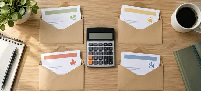 Cuatro sobres de declaraciones trimestrales alrededor de una calculadora