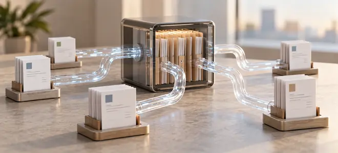 Bloques de facturas conectados por conductos transparentes a un archivo central