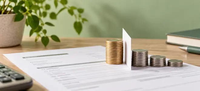 Una factura junto a grupos de monedas separados por una tira de papel
