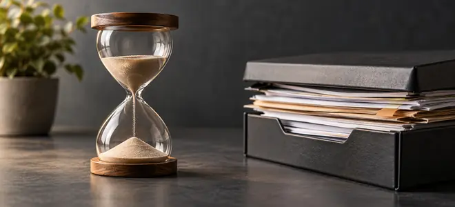 Un reloj de arena junto a una bandeja con documentos