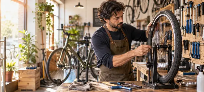 Un mecánico ajusta la rueda de una bicicleta en su taller
