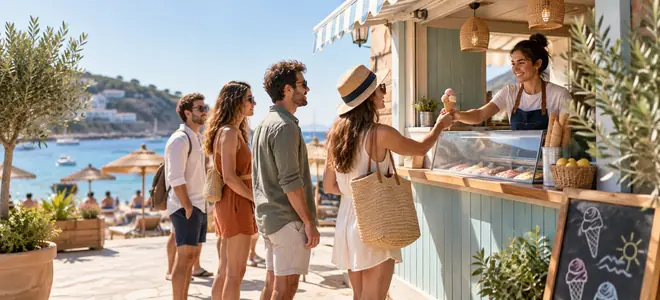 Clientes junto a un quiosco de helados en una zona de playa