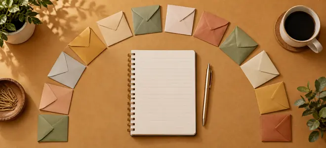 Sobres de varios colores dispuestos alrededor de un cuaderno