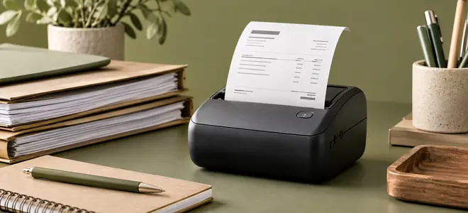 Una impresora de recibos junto a documentos ordenados