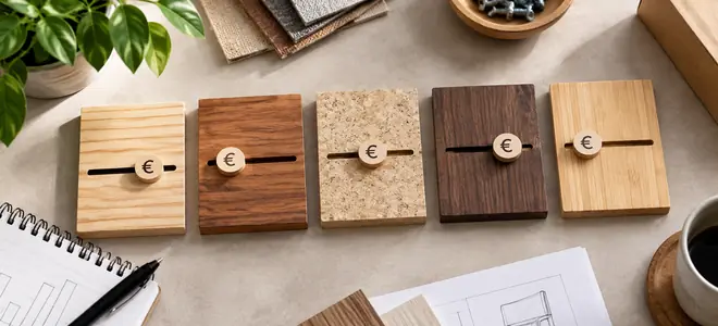 Muestras de madera con marcadores deslizantes y símbolos de moneda