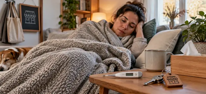 Una mujer descansa bajo una manta junto a sus llaves y un termómetro
