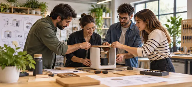 Cuatro personas montan juntas un prototipo en un taller