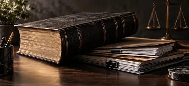 Un libro grueso junto a documentos y una balanza