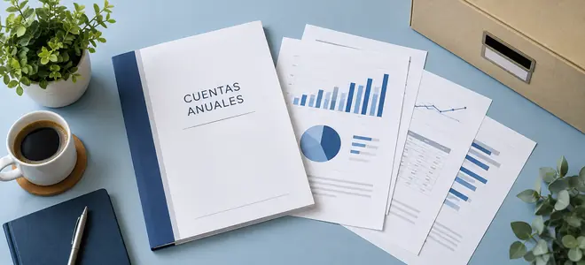 Una carpeta de cuentas anuales junto a informes con gráficos