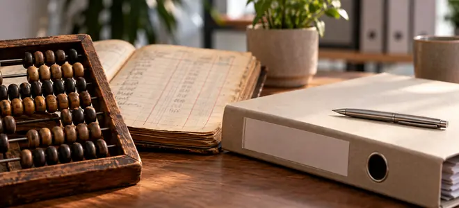 Un ábaco junto a un libro contable y un archivador