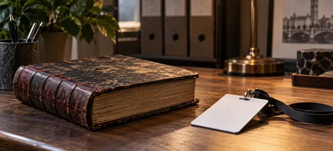 Un libro de visitas cerrado junto a una tarjeta de acceso