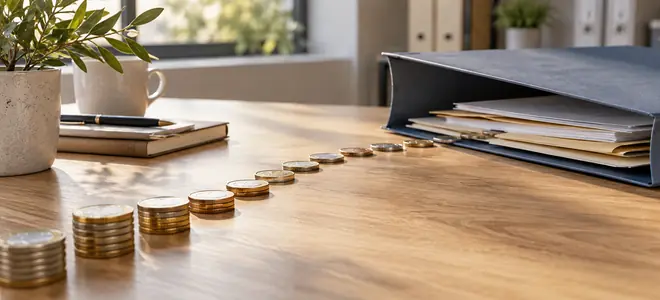Monedas colocadas en una línea curva hacia una carpeta
