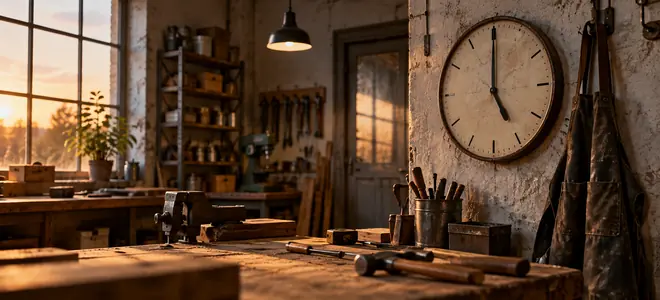 Taller vacío con herramientas y un reloj de pared