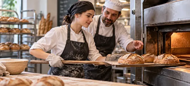 Una aprendiz trabaja con un panadero junto a un horno