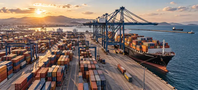 Buque de carga y contenedores en un puerto comercial