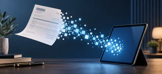 Una factura se transforma en pequeños cuadrados luminosos hacia una tableta