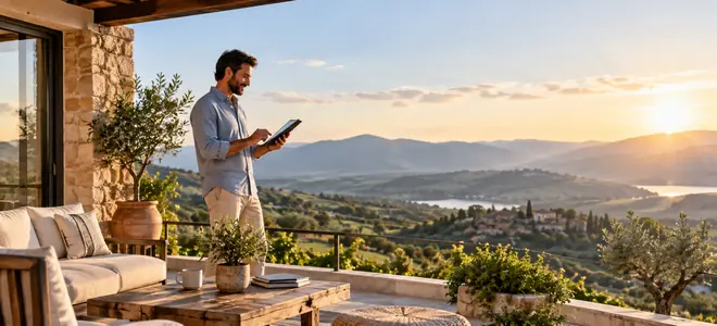 Un hombre consulta una tableta desde una terraza con vistas al campo