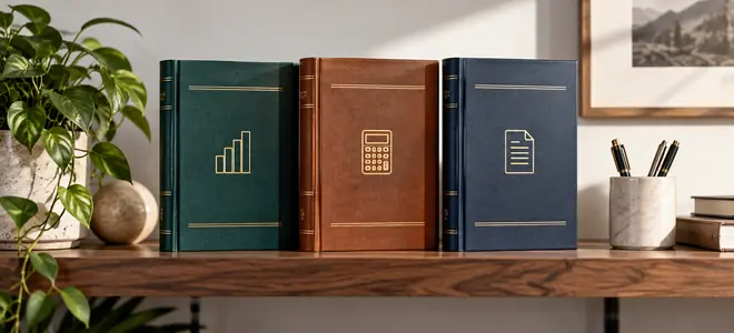 Tres libros contables alineados sobre una estantería