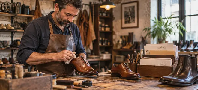 Un zapatero trabaja en un taller rodeado de zapatos y herramientas