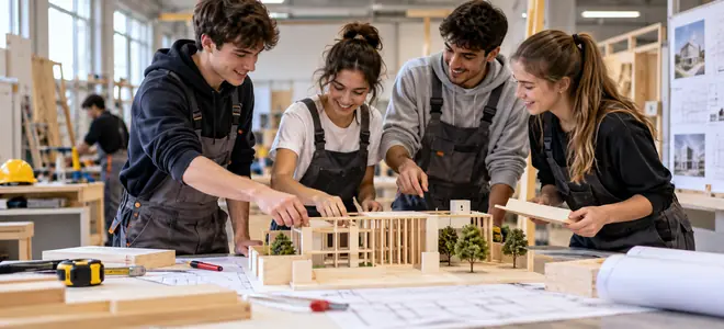 Un grupo de jóvenes construye una maqueta en un taller de formación