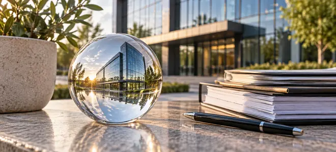 La fachada de un edificio reflejada en una esfera de cristal junto a informes
