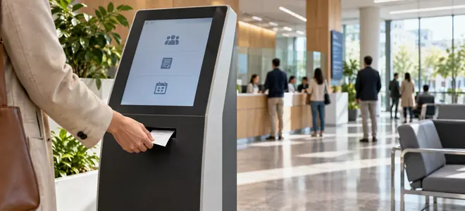 Una persona recoge un turno en un terminal de atención al público