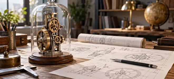Un mecanismo bajo una campana de cristal junto a dibujos técnicos