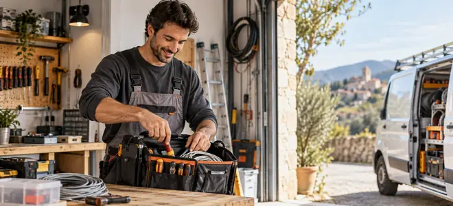 Un electricista prepara sus herramientas en la entrada de un taller
