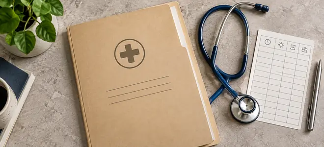 Una carpeta médica junto a un estetoscopio y un registro de asistencia