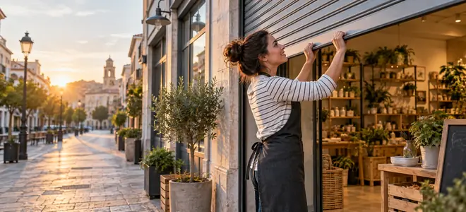 Una emprendedora levanta la persiana de un pequeño comercio