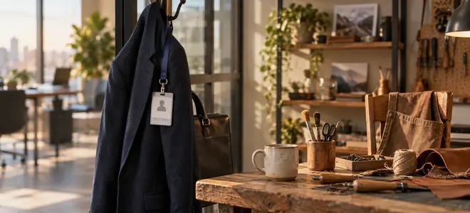 Una chaqueta con tarjeta de identificación junto a herramientas y un delantal
