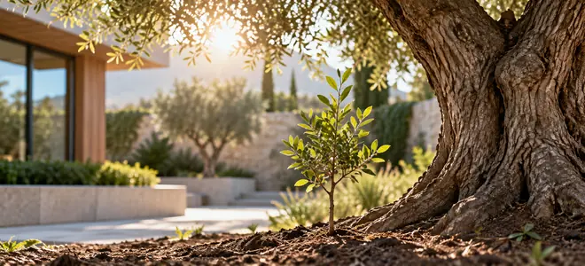 Un árbol joven crece junto a un árbol de gran tamaño en un patio