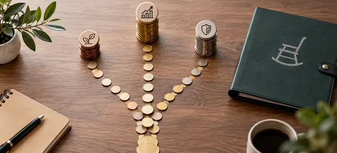 Tres caminos de monedas conducen a distintas pilas junto a una carpeta