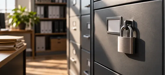 Un archivador cerrado con un candado