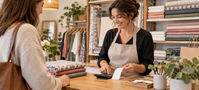 Una comerciante atiende a una clienta junto a productos textiles