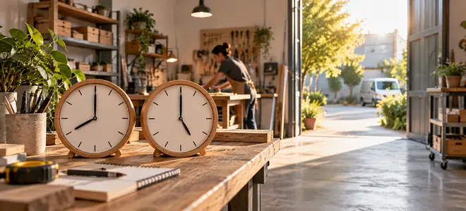 Dos relojes junto a la entrada abierta de un taller