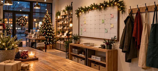 Un comercio decorado para Navidad con un calendario y percheros